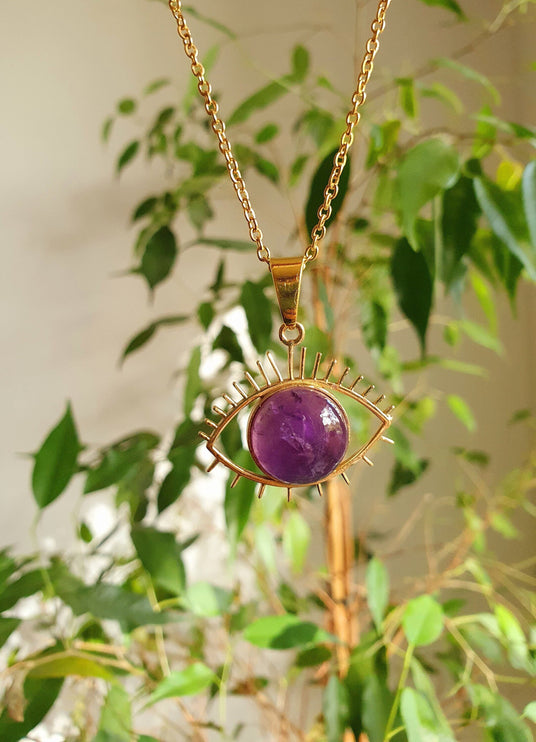 Gold Eye of Protection Necklace / Amethyst / Third Eye / Hypoallergenic / Brass / Boho / Inca / Ethnic / Hypoallergenic / Illuminati