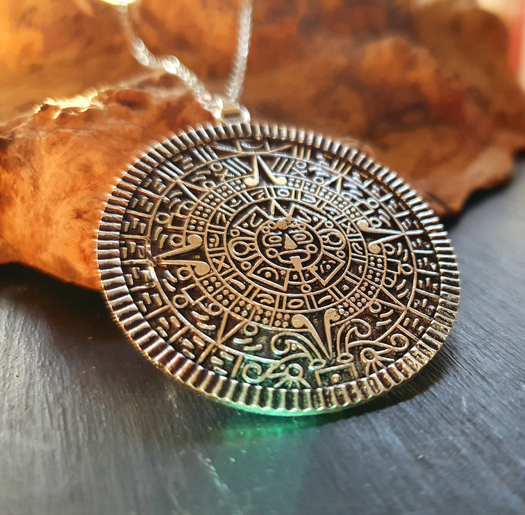 Silver Sacred Mayan Calendar Necklace / Hypoallergenic / Mens Necklace / Aztec / Inca / Ethnic / Hypoallergenic / Third Eye / Illuminati