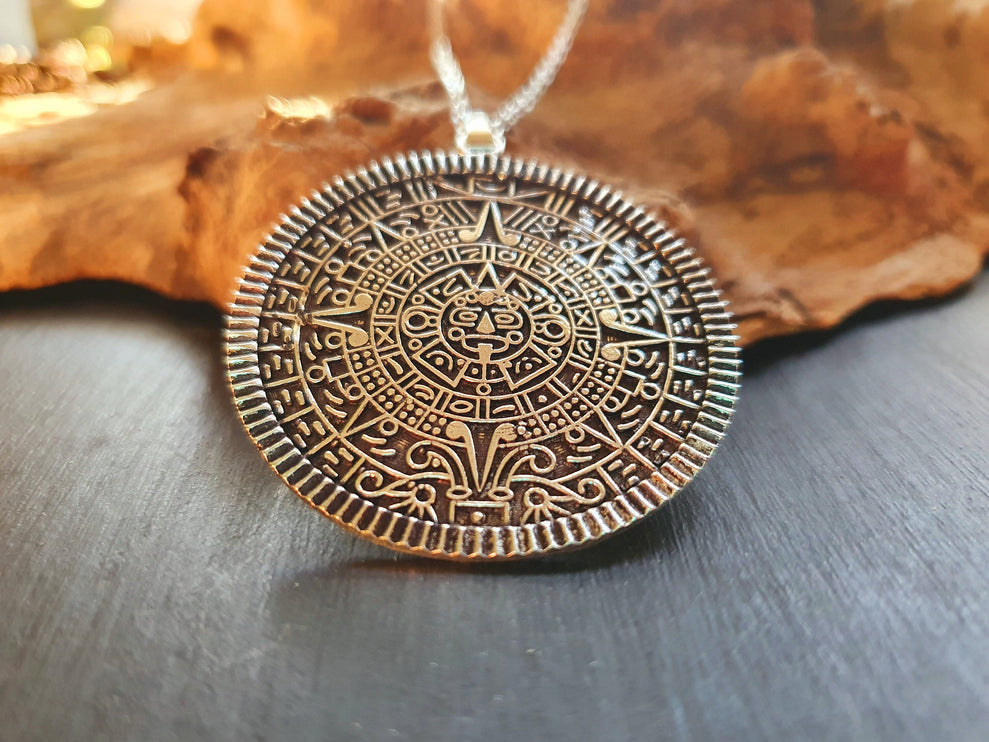 Silver Sacred Mayan Calendar Necklace / Hypoallergenic / Mens Necklace / Aztec / Inca / Ethnic / Hypoallergenic / Third Eye / Illuminati