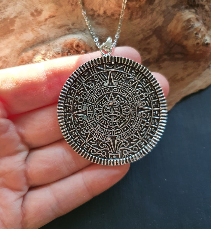 Silver Sacred Mayan Calendar Necklace / Hypoallergenic / Mens Necklace / Aztec / Inca / Ethnic / Hypoallergenic / Third Eye / Illuminati