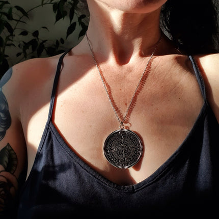 Silver Sacred Mayan Calendar Necklace / Hypoallergenic / Mens Necklace / Aztec / Inca / Ethnic / Hypoallergenic / Third Eye / Illuminati