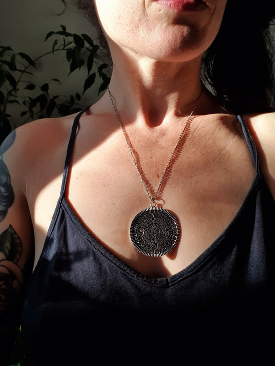 Silver Sacred Mayan Calendar Necklace / Hypoallergenic / Mens Necklace / Aztec / Inca / Ethnic / Hypoallergenic / Third Eye / Illuminati