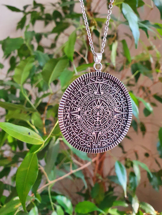 Silver Sacred Mayan Calendar Necklace / Hypoallergenic / Mens Necklace / Aztec / Inca / Ethnic / Hypoallergenic / Third Eye / Illuminati