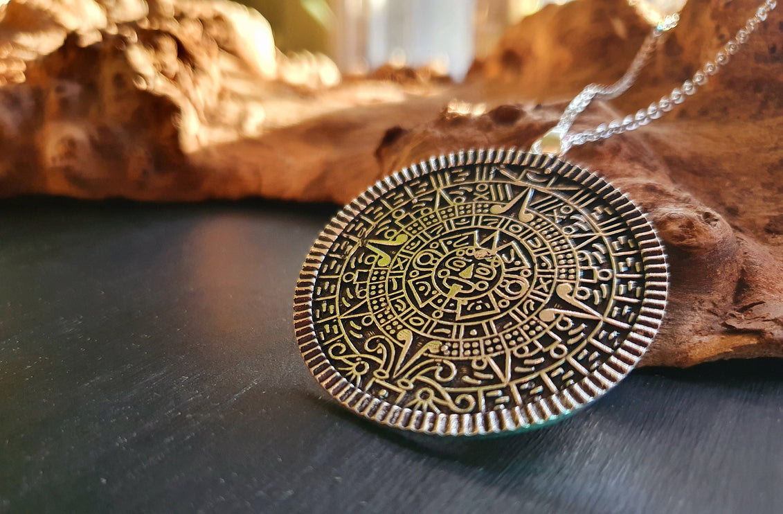 Silver Sacred Mayan Calendar Necklace / Hypoallergenic / Mens Necklace / Aztec / Inca / Ethnic / Hypoallergenic / Third Eye / Illuminati