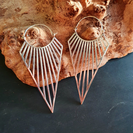 Large Triangle Drop Boho Silver Earrings; Steampunk Ethnic Boho Chic Gypsy Spiral Hippie Tribal Sci-fi