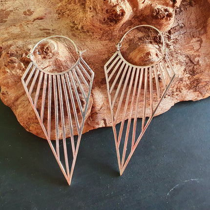 Large Triangle Drop Boho Silver Earrings; Steampunk Ethnic Boho Chic Gypsy Spiral Hippie Tribal Sci-fi