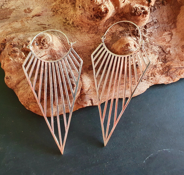 Large Triangle Drop Boho Silver Earrings; Steampunk Ethnic Boho Chic Gypsy Spiral Hippie Tribal Sci-fi