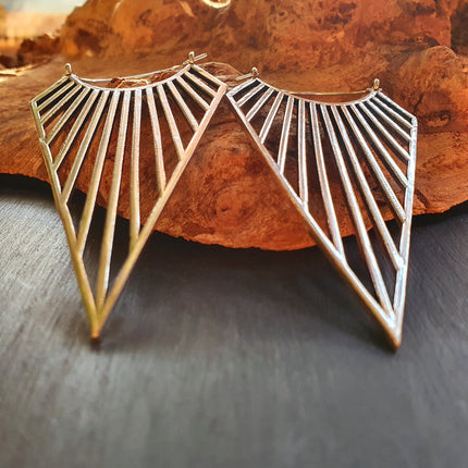 Large Triangle Drop Boho Silver Earrings; Steampunk Ethnic Boho Chic Gypsy Spiral Hippie Tribal Sci-fi