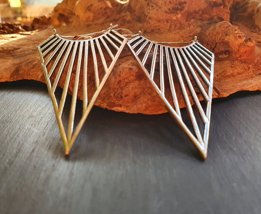 Large Triangle Drop Boho Silver Earrings; Steampunk Ethnic Boho Chic Gypsy Spiral Hippie Tribal Sci-fi