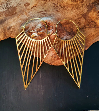 Large Golden Triangle Earrings; Steampunk Ethnic Boho Chic Gypsy Spiral Hippie Tribal Sci-fi