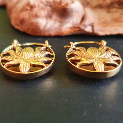 Boho Lotus Flower Golden Hoop Earrings; Ethnic, Geometric, Small, Rustic, Yoga, Hippie, Gypsy, Pretty, Ssy, Boho, Bohemian, Festival