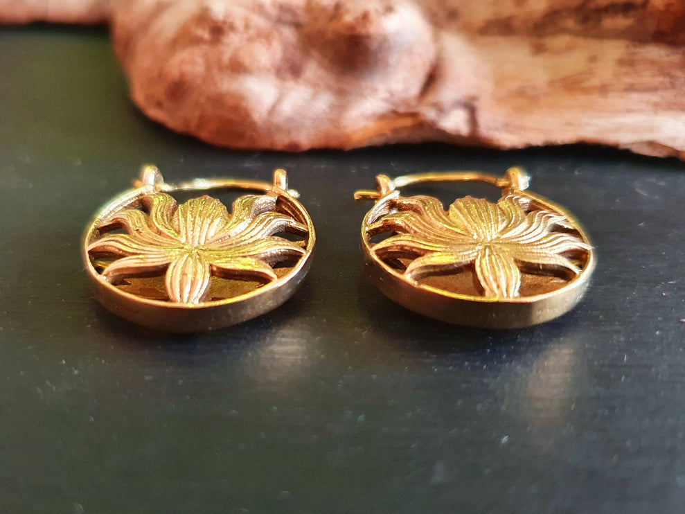 Boho Lotus Flower Golden Hoop Earrings; Ethnic, Geometric, Small, Rustic, Yoga, Hippie, Gypsy, Pretty, Ssy, Boho, Bohemian, Festival