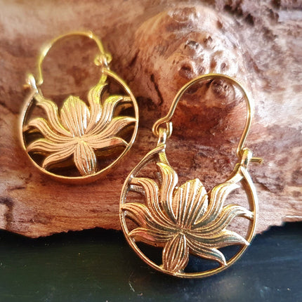 Boho Lotus Flower Golden Hoop Earrings; Ethnic, Geometric, Small, Rustic, Yoga, Hippie, Gypsy, Pretty, Ssy, Boho, Bohemian, Festival