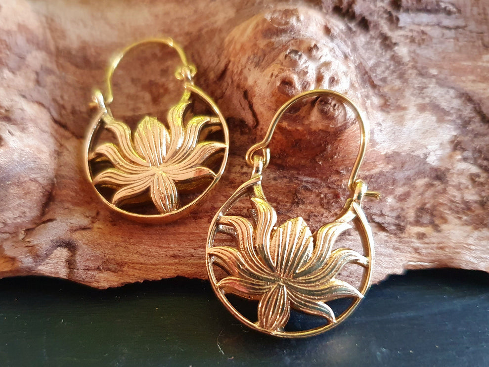 Boho Lotus Flower Golden Hoop Earrings; Ethnic, Geometric, Small, Rustic, Yoga, Hippie, Gypsy, Pretty, Ssy, Boho, Bohemian, Festival