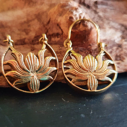 Boho Lotus Flower Golden Hoop Earrings; Ethnic, Geometric, Small, Rustic, Yoga, Hippie, Gypsy, Pretty, Ssy, Boho, Bohemian, Festival