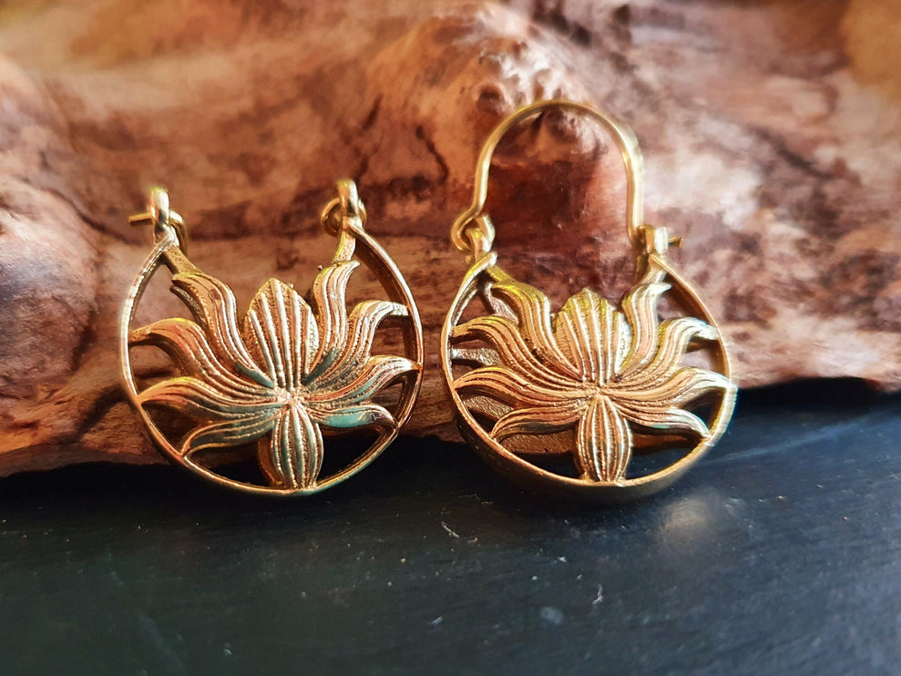 Boho Lotus Flower Golden Hoop Earrings; Ethnic, Geometric, Small, Rustic, Yoga, Hippie, Gypsy, Pretty, Ssy, Boho, Bohemian, Festival