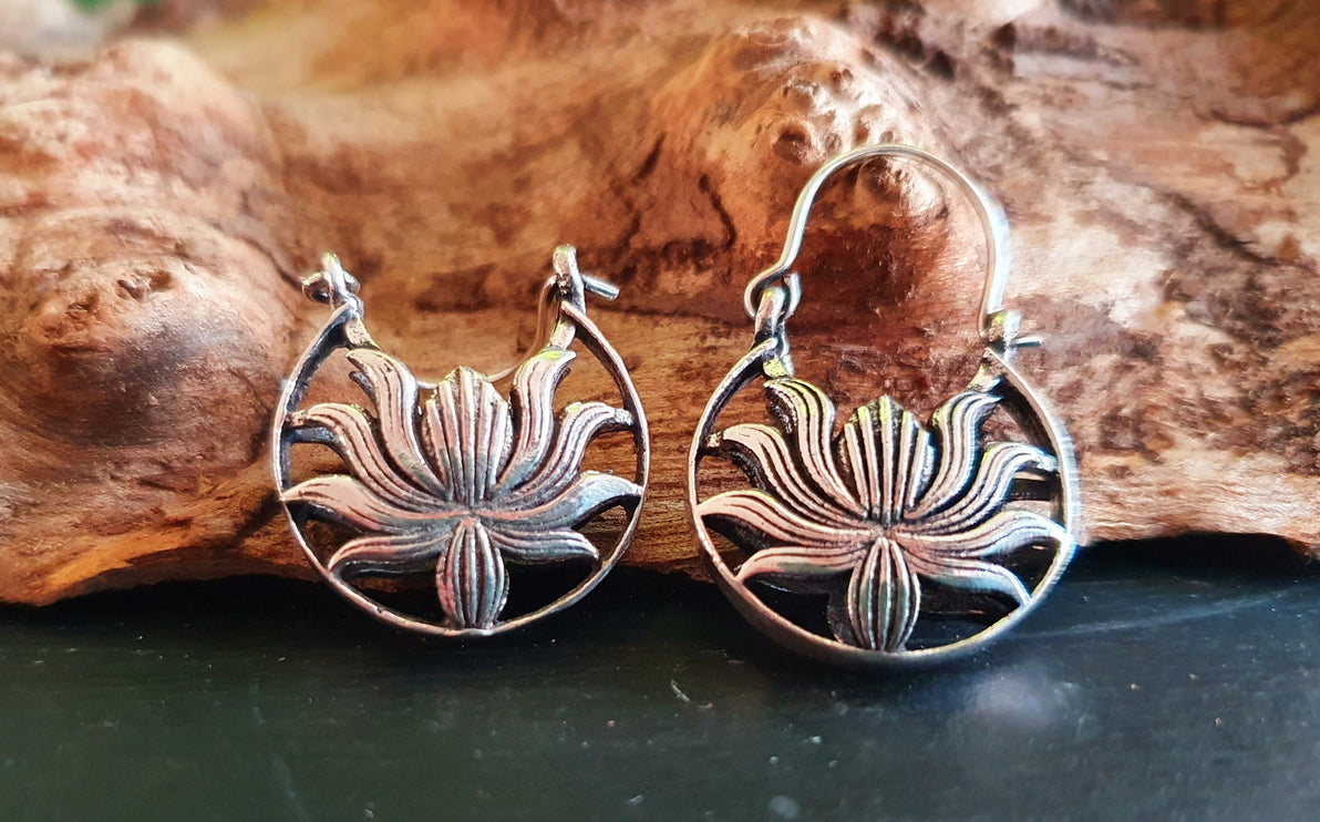 Boho Lotus Flower Silver Earrings; Ethnic, Geometric, Small, Rustic, Yoga, Hippie, Gypsy, Pretty, Ssy, Boho, Bohemian, Festival