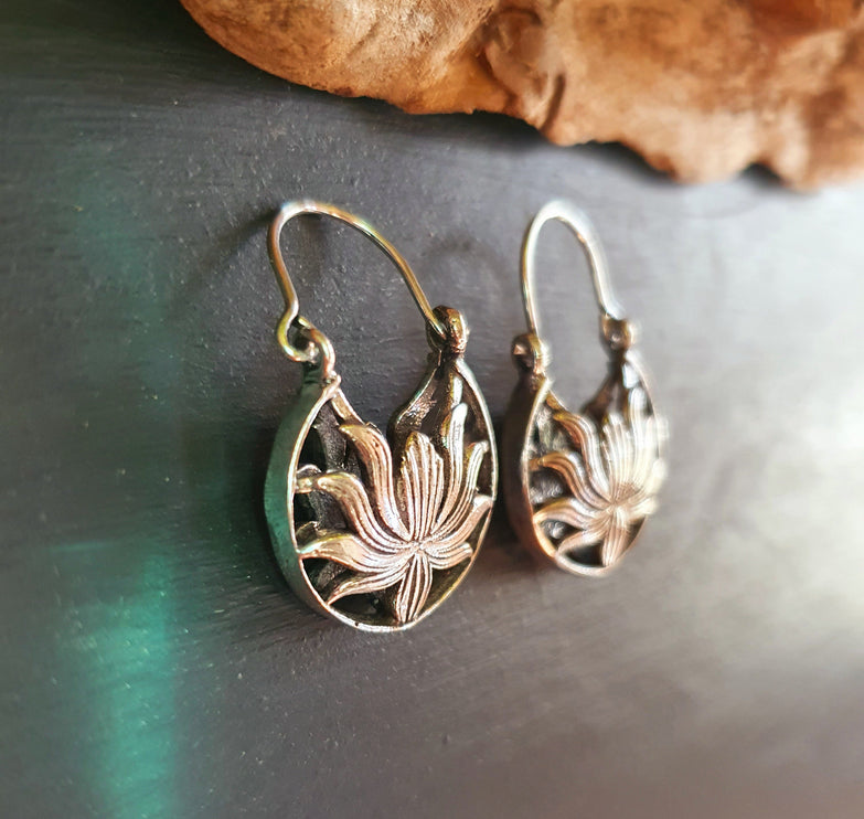 Boho Lotus Flower Silver Earrings; Ethnic, Geometric, Small, Rustic, Yoga, Hippie, Gypsy, Pretty, Ssy, Boho, Bohemian, Festival