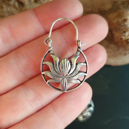 Boho Lotus Flower Silver Earrings; Ethnic, Geometric, Small, Rustic, Yoga, Hippie, Gypsy, Pretty, Ssy, Boho, Bohemian, Festival