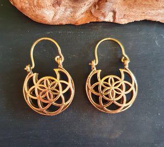 Boho Seed of Life Golden Hoop Earrings; Ethnic, Geometric, Small, Rustic, Yoga, Hippie, Gypsy, Pretty, Ssy, Boho, Bohemian, Festival
