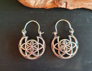 Boho Seed of Life Silver Earrings; Ethnic, Geometric, Small, Rustic, Yoga, Hippie, Gypsy, Pretty, Ssy, Boho, Bohemian, Festival