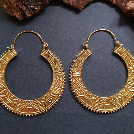 Gold Aztec Tuareg Hoop Earrings; Ethnic, Geometric, rustic, yoga, hippie, gypsy, pretty, psy, boho, bohemian, festival