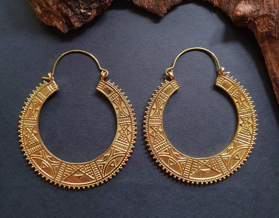 Gold Aztec Tuareg Hoop Earrings; Ethnic, Geometric, rustic, yoga, hippie, gypsy, pretty, psy, boho, bohemian, festival