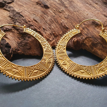 Gold Aztec Tuareg Hoop Earrings; Ethnic, Geometric, rustic, yoga, hippie, gypsy, pretty, psy, boho, bohemian, festival