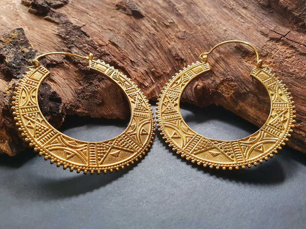 Gold Aztec Tuareg Hoop Earrings; Ethnic, Geometric, rustic, yoga, hippie, gypsy, pretty, psy, boho, bohemian, festival