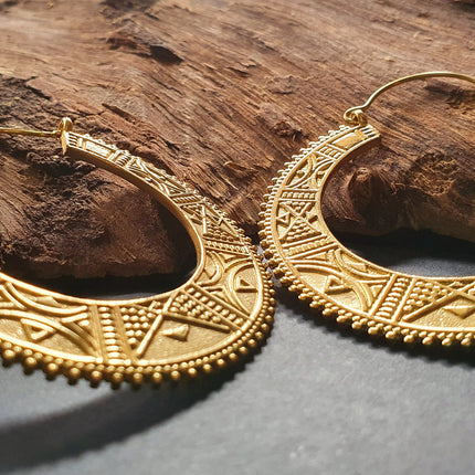 Gold Aztec Tuareg Hoop Earrings; Ethnic, Geometric, rustic, yoga, hippie, gypsy, pretty, psy, boho, bohemian, festival