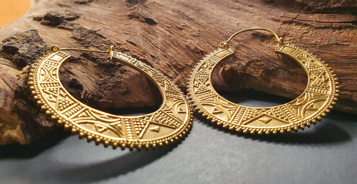 Gold Aztec Tuareg Hoop Earrings; Ethnic, Geometric, rustic, yoga, hippie, gypsy, pretty, psy, boho, bohemian, festival