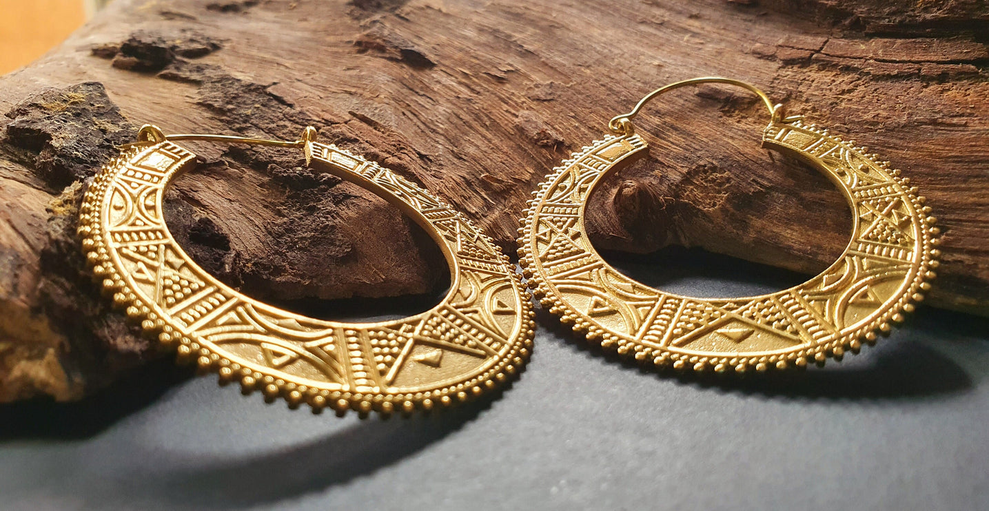 Gold Aztec Tuareg Hoop Earrings; Ethnic, Geometric, rustic, yoga, hippie, gypsy, pretty, psy, boho, bohemian, festival