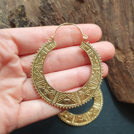 Gold Aztec Tuareg Hoop Earrings; Ethnic, Geometric, rustic, yoga, hippie, gypsy, pretty, psy, boho, bohemian, festival