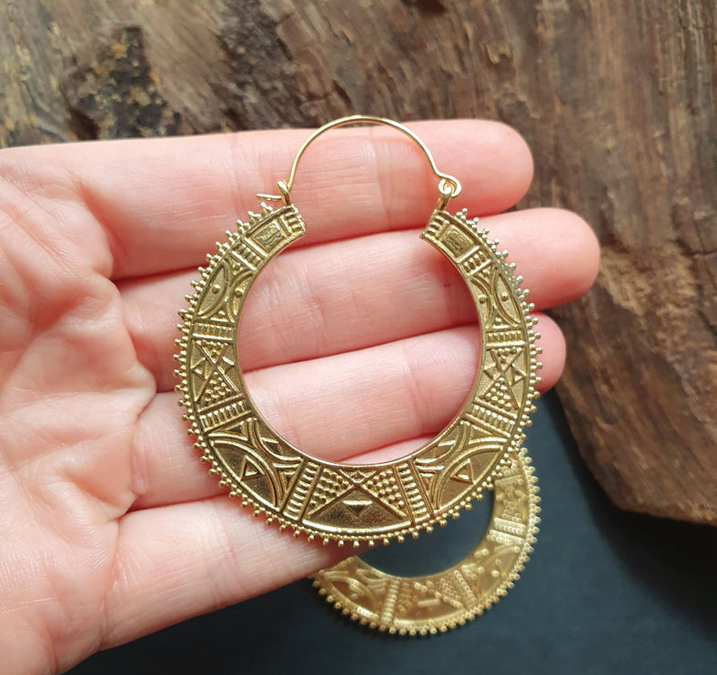 Gold Aztec Tuareg Hoop Earrings; Ethnic, Geometric, rustic, yoga, hippie, gypsy, pretty, psy, boho, bohemian, festival