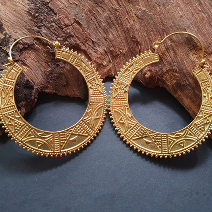 Gold Aztec Tuareg Hoop Earrings; Ethnic, Geometric, rustic, yoga, hippie, gypsy, pretty, psy, boho, bohemian, festival