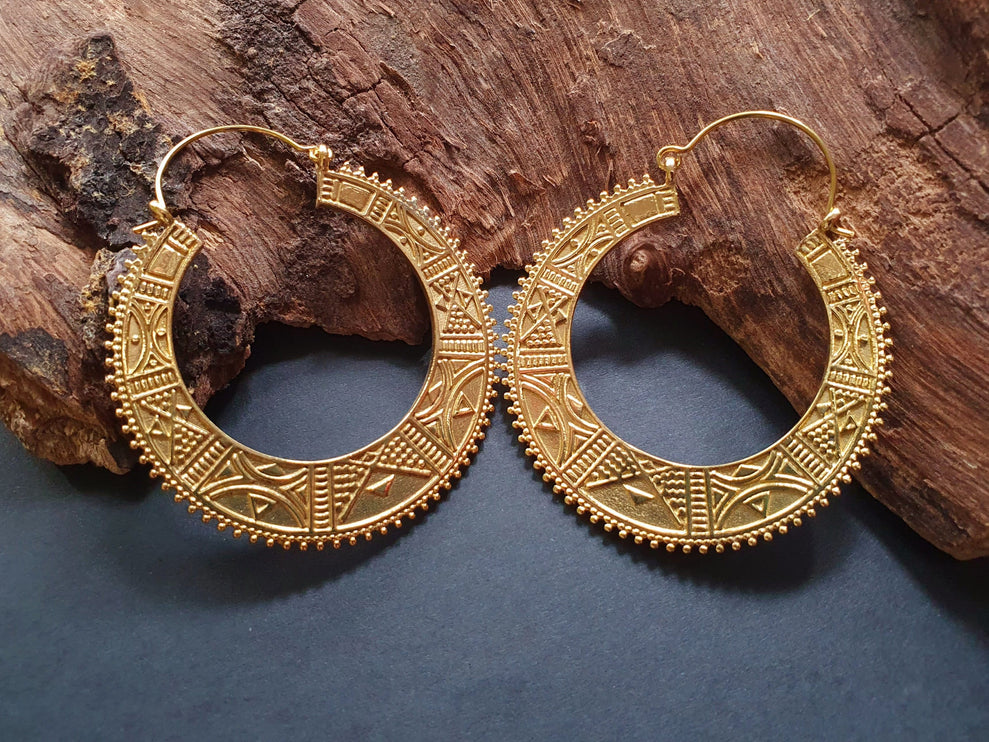 Gold Aztec Tuareg Hoop Earrings; Ethnic, Geometric, rustic, yoga, hippie, gypsy, pretty, psy, boho, bohemian, festival