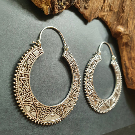 Silver Aztec Tuareg Hoop Earrings; Ethnic, Geometric, rustic, yoga, hippie, gypsy, pretty, psy, boho, bohemian, festival