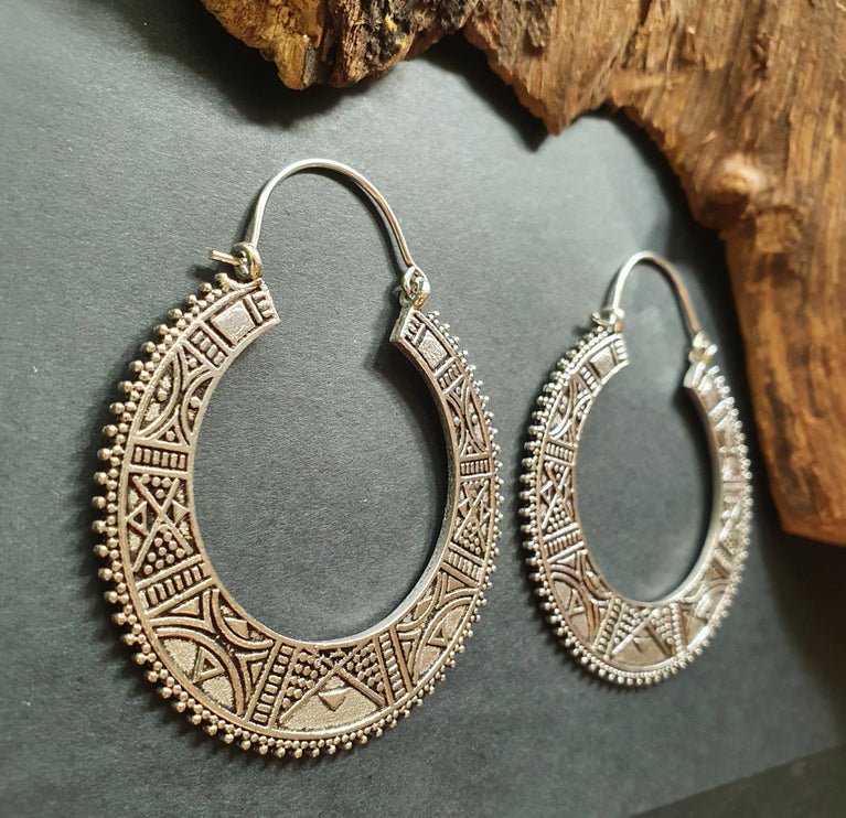 Silver Aztec Tuareg Hoop Earrings; Ethnic, Geometric, rustic, yoga, hippie, gypsy, pretty, psy, boho, bohemian, festival