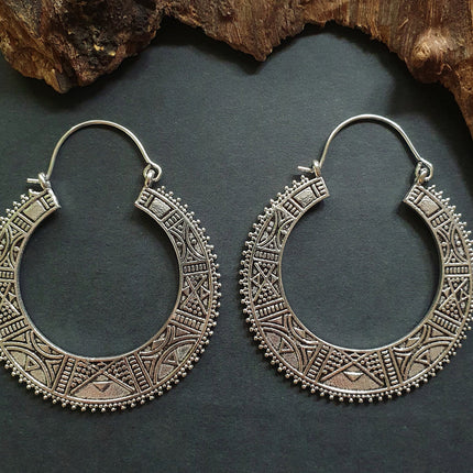 Silver Aztec Tuareg Hoop Earrings; Ethnic, Geometric, rustic, yoga, hippie, gypsy, pretty, psy, boho, bohemian, festival