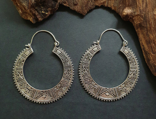 Silver Aztec Tuareg Hoop Earrings; Ethnic, Geometric, rustic, yoga, hippie, gypsy, pretty, psy, boho, bohemian, festival