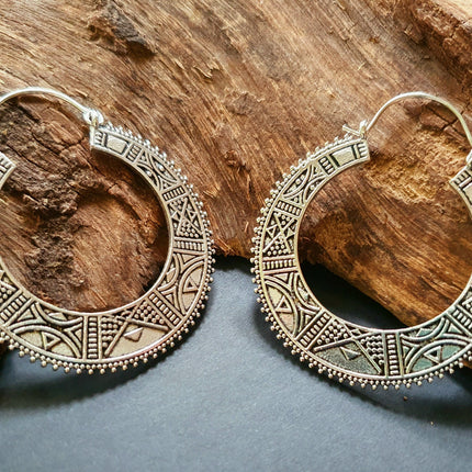 Silver Aztec Tuareg Hoop Earrings; Ethnic, Geometric, rustic, yoga, hippie, gypsy, pretty, psy, boho, bohemian, festival