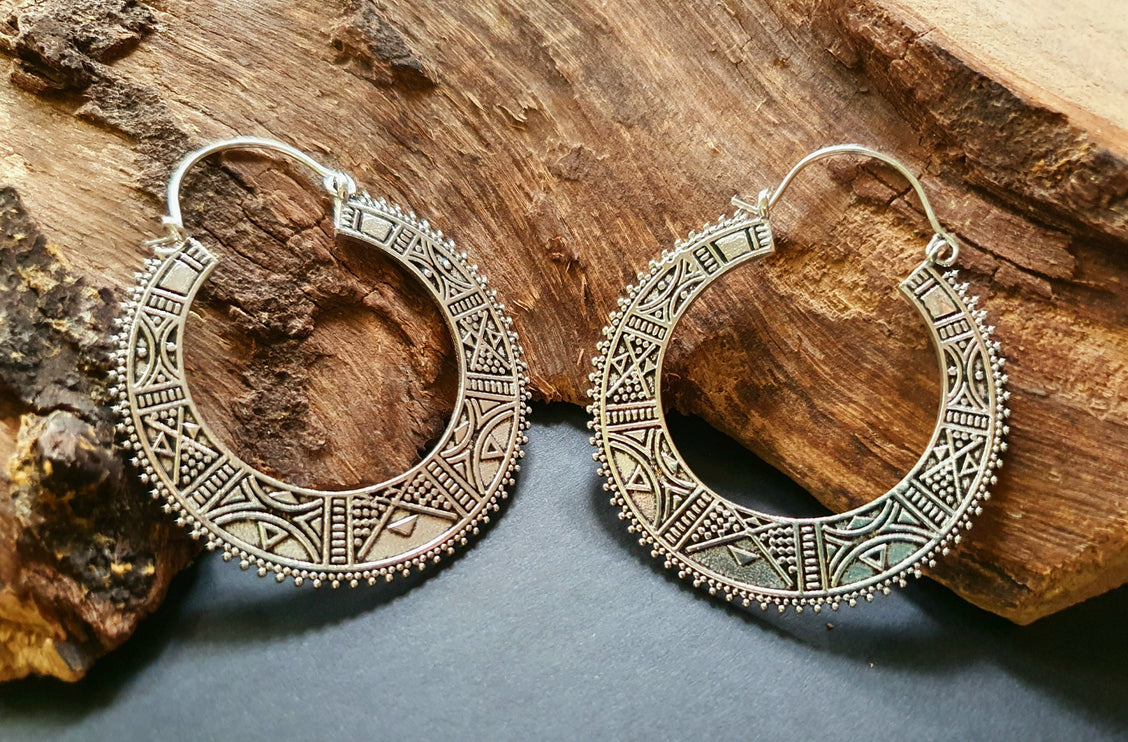 Silver Aztec Tuareg Hoop Earrings; Ethnic, Geometric, rustic, yoga, hippie, gypsy, pretty, psy, boho, bohemian, festival