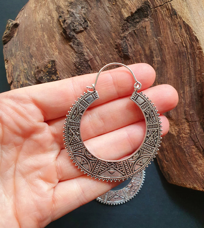 Silver Aztec Tuareg Hoop Earrings; Ethnic, Geometric, rustic, yoga, hippie, gypsy, pretty, psy, boho, bohemian, festival