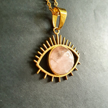 Gold Eye of Protection Necklace / Rose Quartz / Third Eye / Hypoallergenic / Brass / Boho / Inca / Ethnic / Hypoallergenic / Illuminati