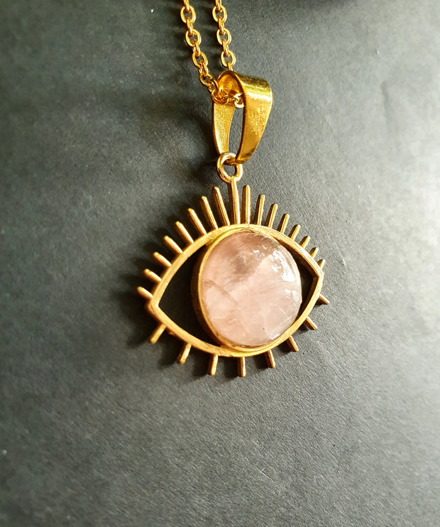 Gold Eye of Protection Necklace / Rose Quartz / Third Eye / Hypoallergenic / Brass / Boho / Inca / Ethnic / Hypoallergenic / Illuminati