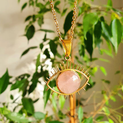 Gold Eye of Protection Necklace / Rose Quartz / Third Eye / Hypoallergenic / Brass / Boho / Inca / Ethnic / Hypoallergenic / Illuminati