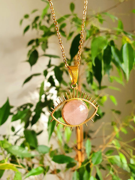 Gold Eye of Protection Necklace / Rose Quartz / Third Eye / Hypoallergenic / Brass / Boho / Inca / Ethnic / Hypoallergenic / Illuminati