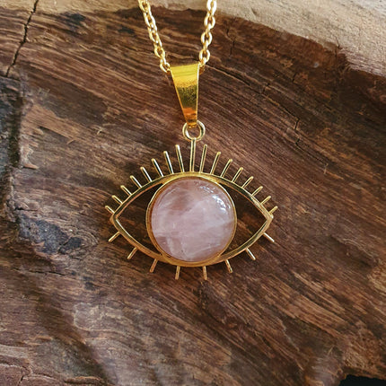 Gold Eye of Protection Necklace / Rose Quartz / Third Eye / Hypoallergenic / Brass / Boho / Inca / Ethnic / Hypoallergenic / Illuminati