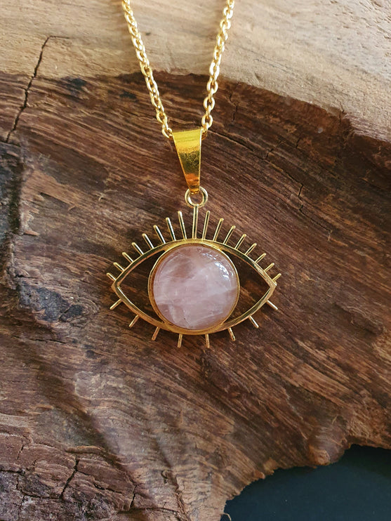 Gold Eye of Protection Necklace / Rose Quartz / Third Eye / Hypoallergenic / Brass / Boho / Inca / Ethnic / Hypoallergenic / Illuminati