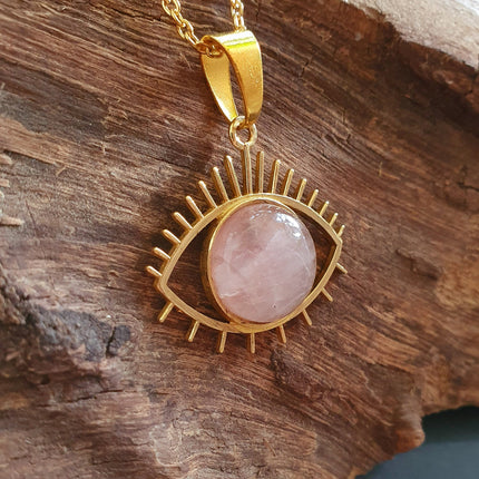 Gold Eye of Protection Necklace / Rose Quartz / Third Eye / Hypoallergenic / Brass / Boho / Inca / Ethnic / Hypoallergenic / Illuminati